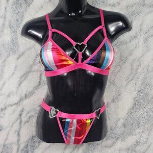 Dolls Kill Club Exx Small Rainbow Striped Pride Bra Top + Thong Rhinestone Heart